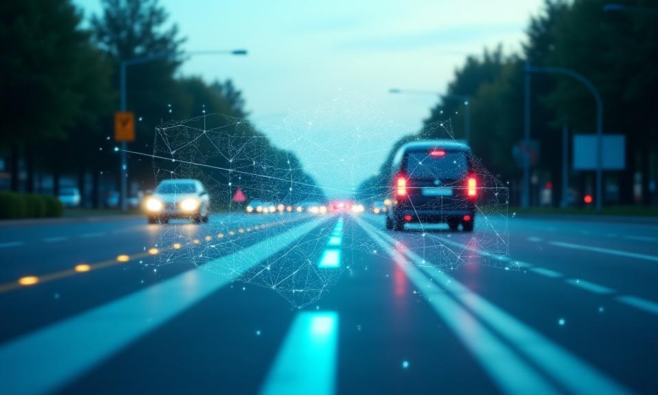 Moderne Straße mit Fahrzeugen und digitaler Karten-Silhouette, symbolisiert intelligente Verkehrstechnologie