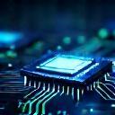 Symbol für moderne Technologie - stilisierte Computerchips und Datenströme